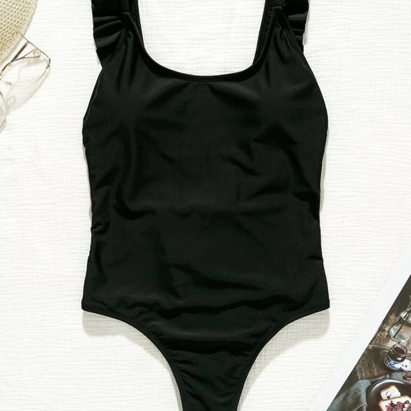 Black Ruffle Trim One Piece Swimsuit - Picture 3 of 8